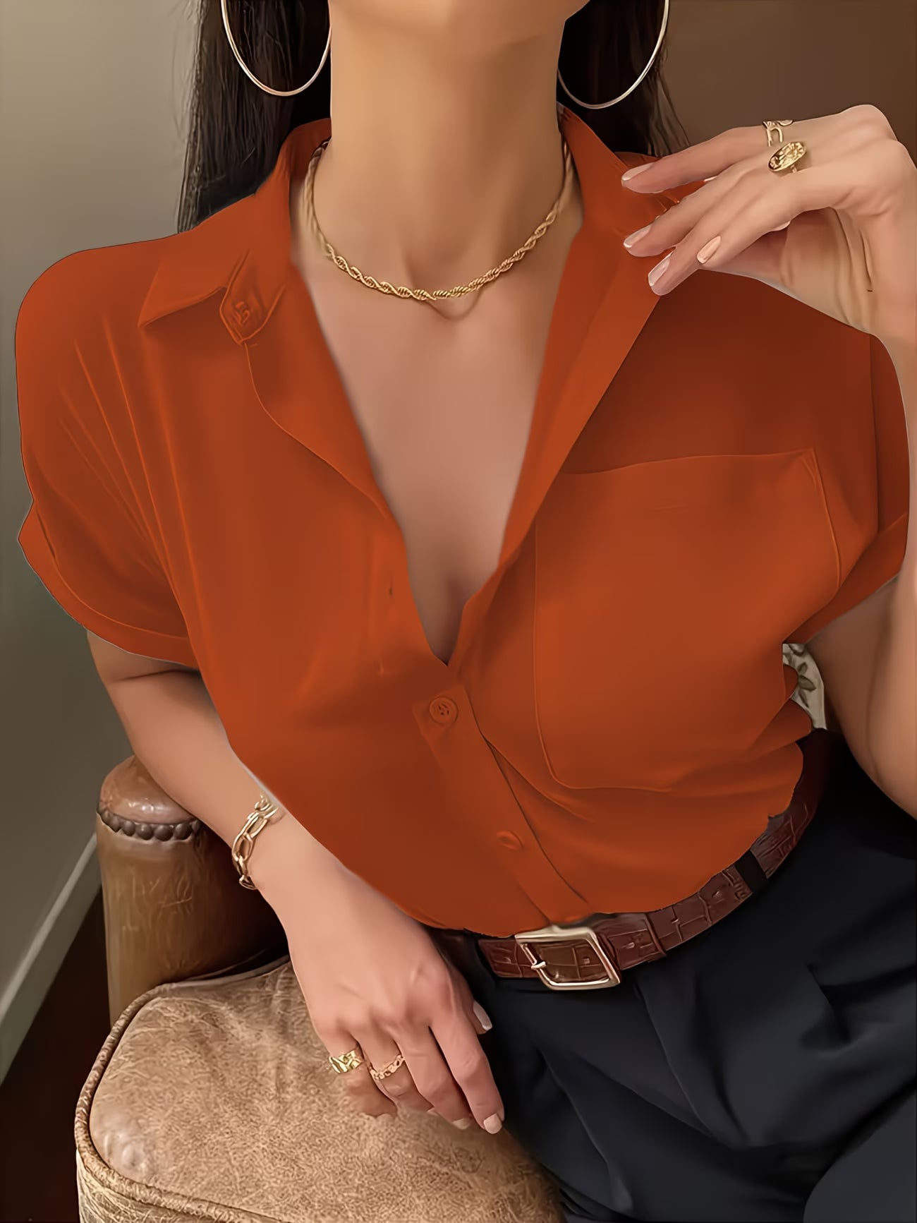 Elegant Lapel-Collar Chic Woven Shirt.