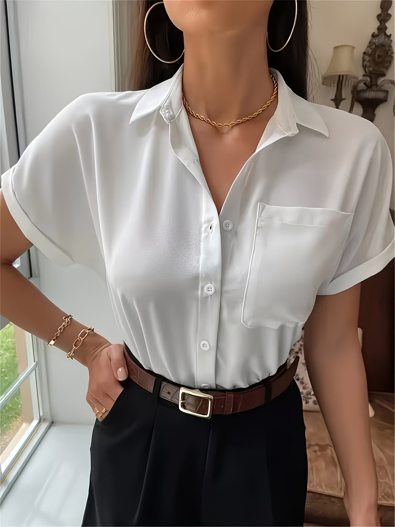Elegant Lapel-Collar Chic Woven Shirt.