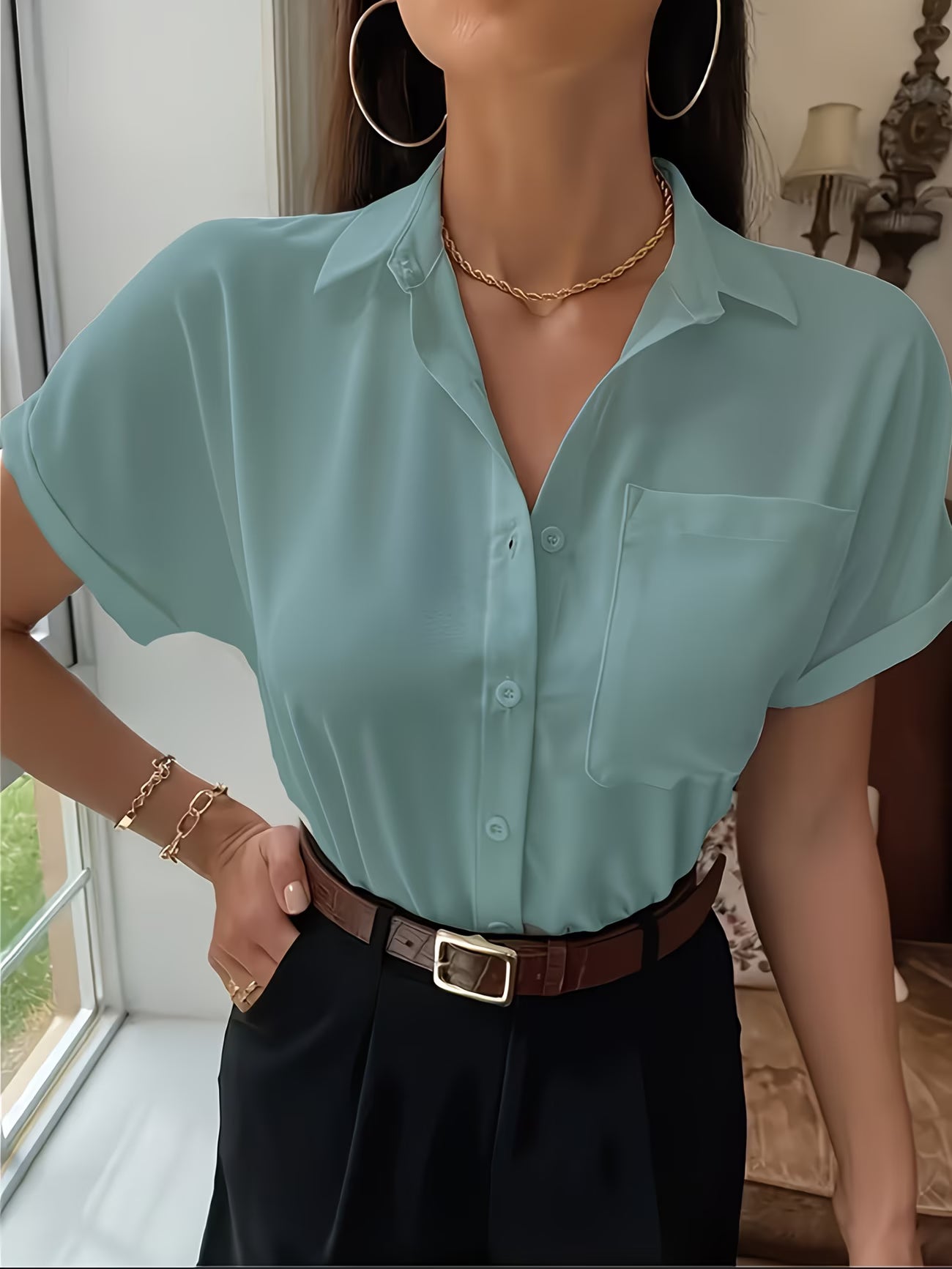 Elegant Lapel-Collar Chic Woven Shirt.