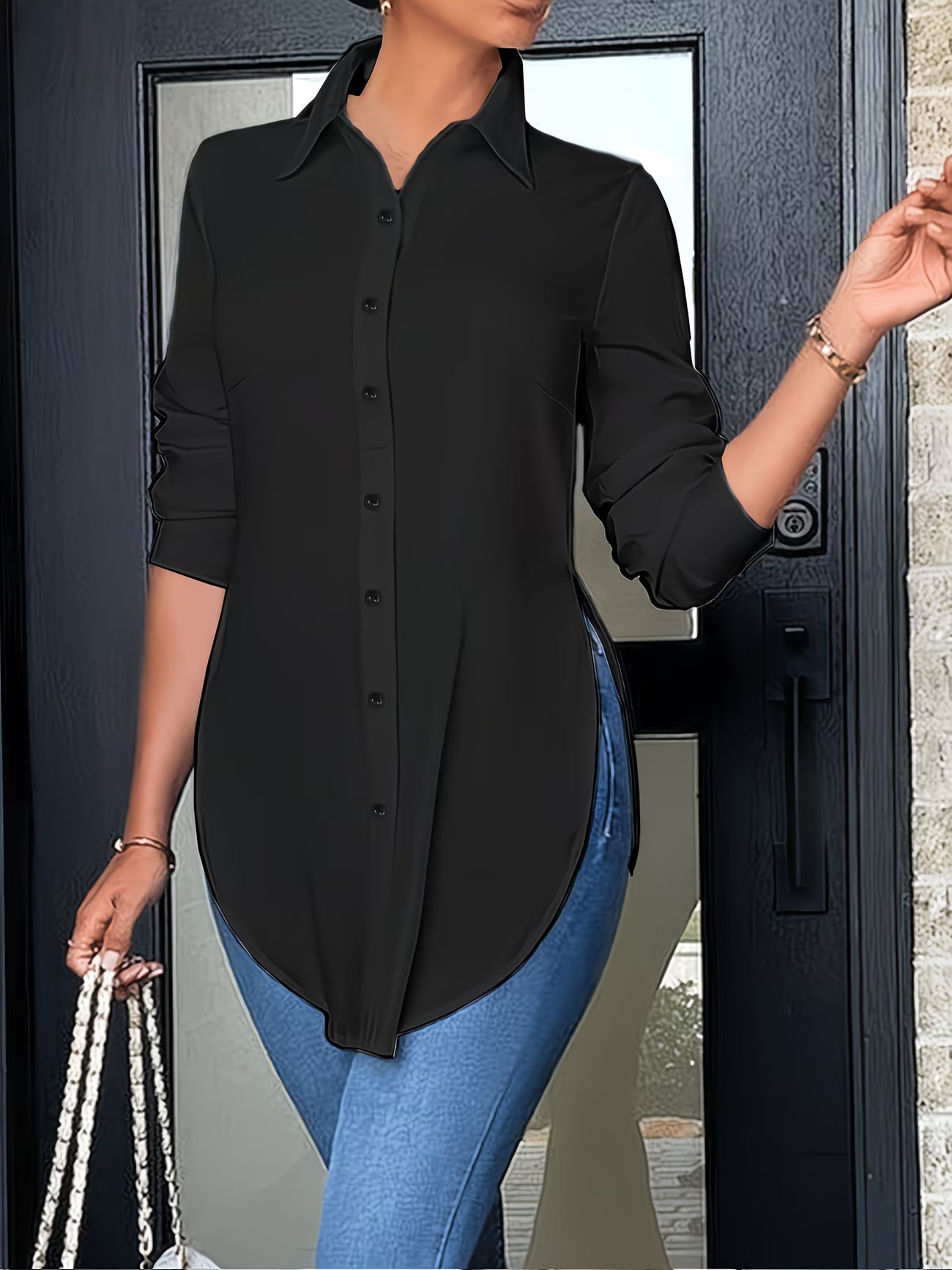Elegant Long Sleeve Button-Front Office Shirt.