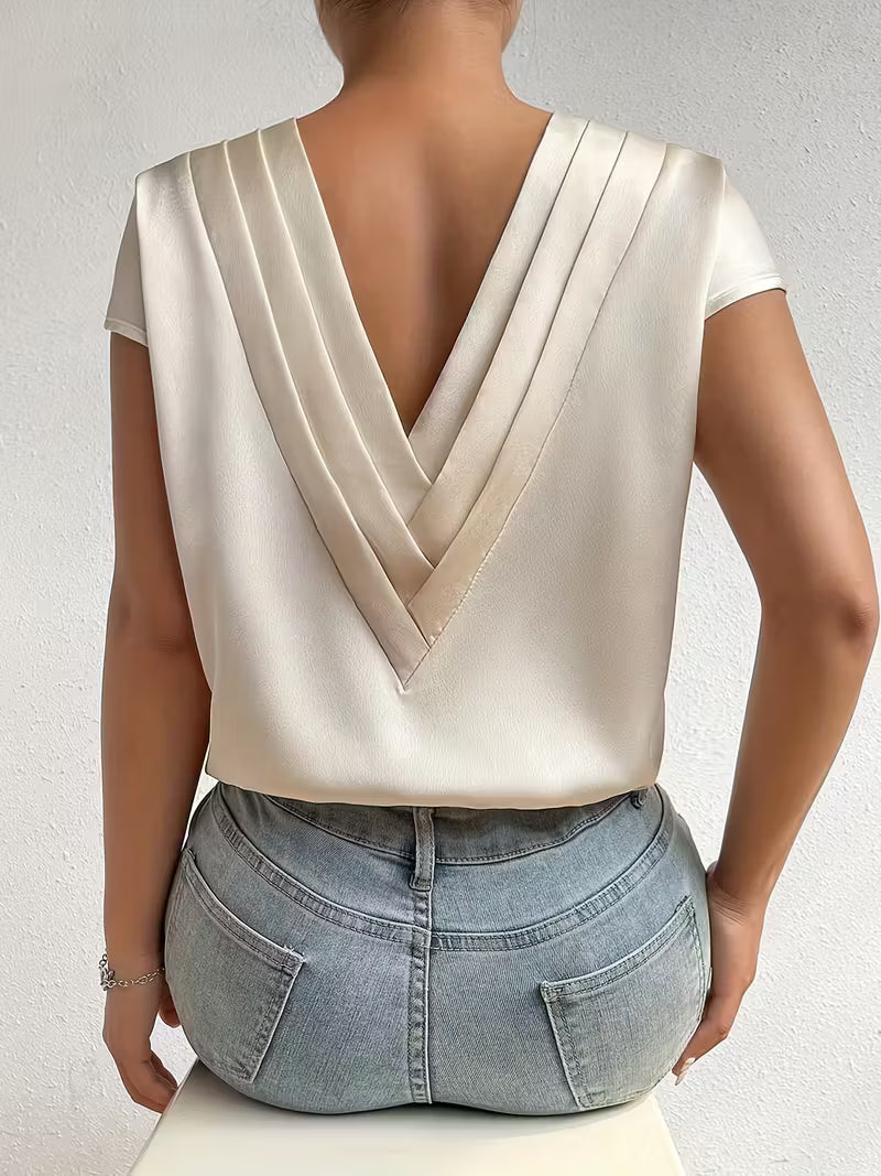 Elegant Loose-Fit  Cross-Strap V-Neck Summer Tops.