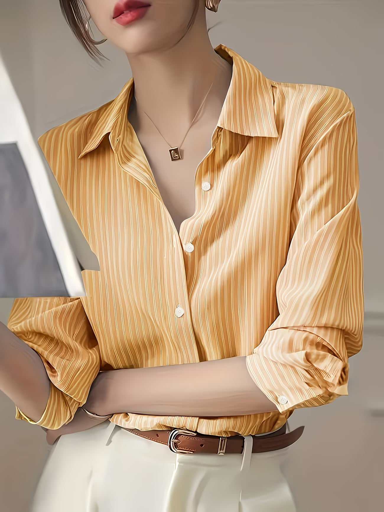 Elegant Loose-Fit Long Sleeve Button-Up.