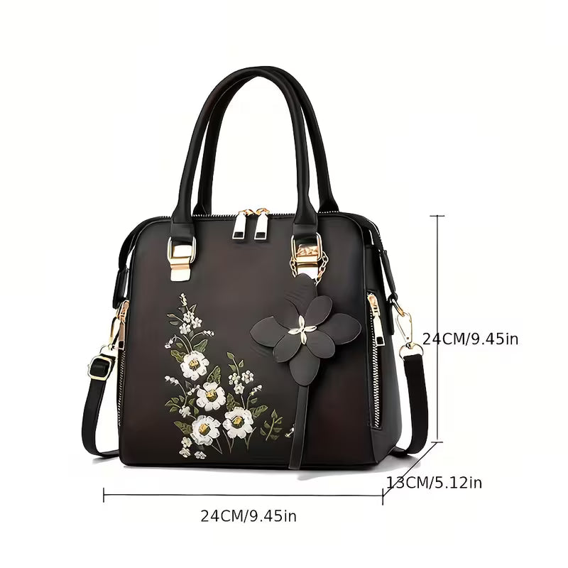 Elegant PU Leather Signature Embroidered Handbag.