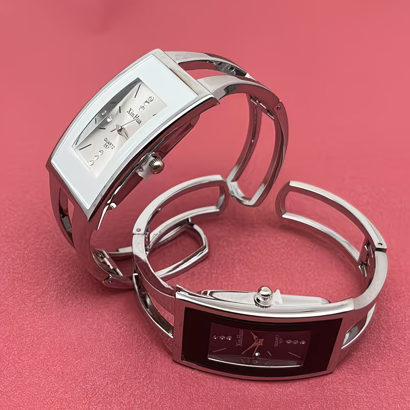 Elegant Silvery Bangle Creative Rectangular Watch.