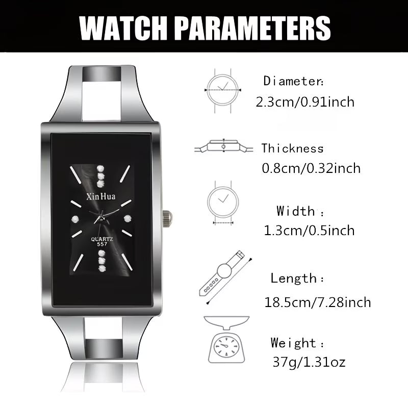 Elegant Silvery Bangle Creative Rectangular Watch.
