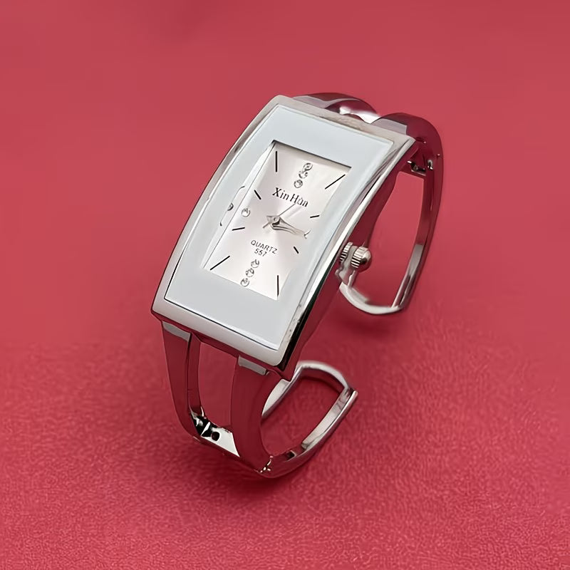 Elegant Silvery Bangle Creative Rectangular Watch.