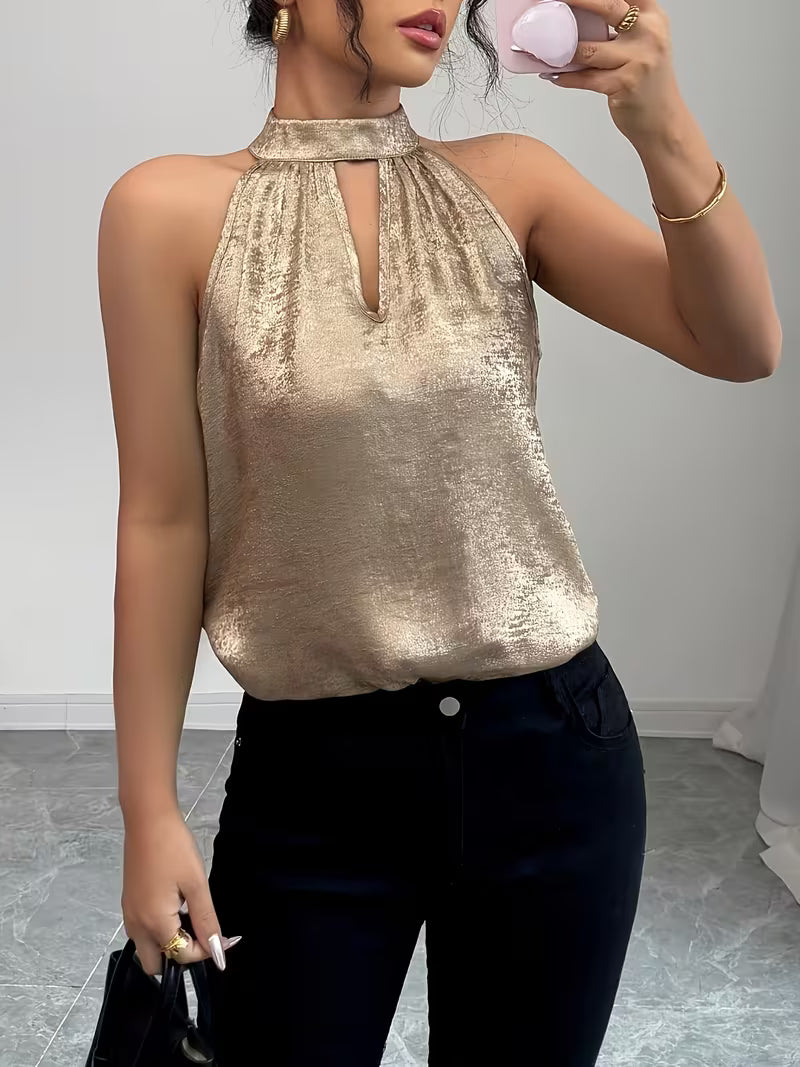 Elegant Sleeveless Top with Button-Back Detail.