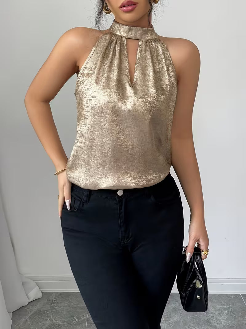 Elegant Sleeveless Top with Button-Back Detail.