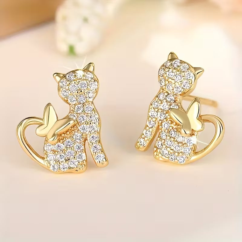 Elegant Sparkly Pair of Hypoallergenic Golden Cat Earrings.