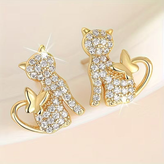 Elegant Sparkly Pair of Hypoallergenic Golden Cat Earrings.