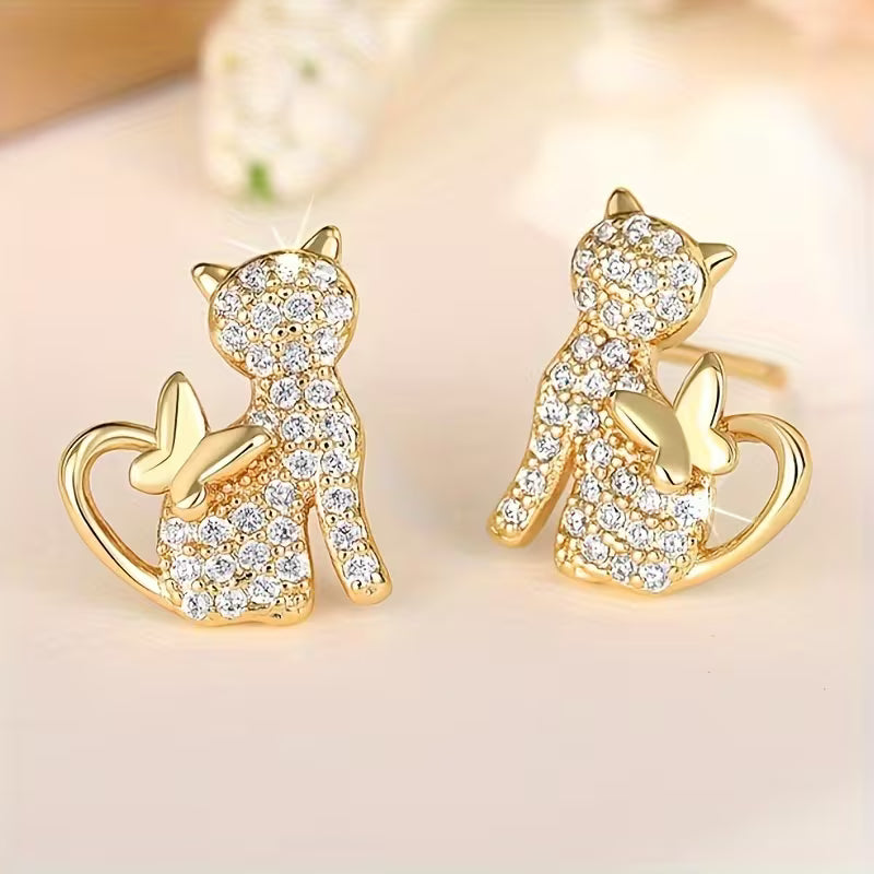 Elegant Sparkly Pair of Hypoallergenic Golden Cat Earrings.