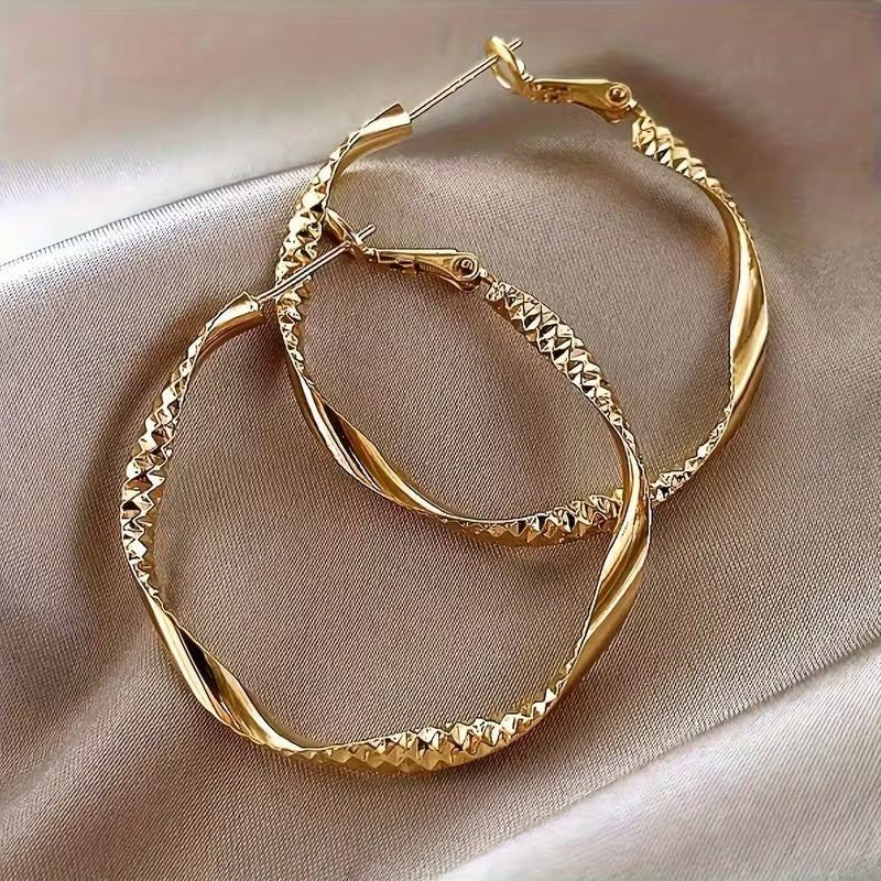 Elegant Textured  Golden Twisted Hoop Earrings.