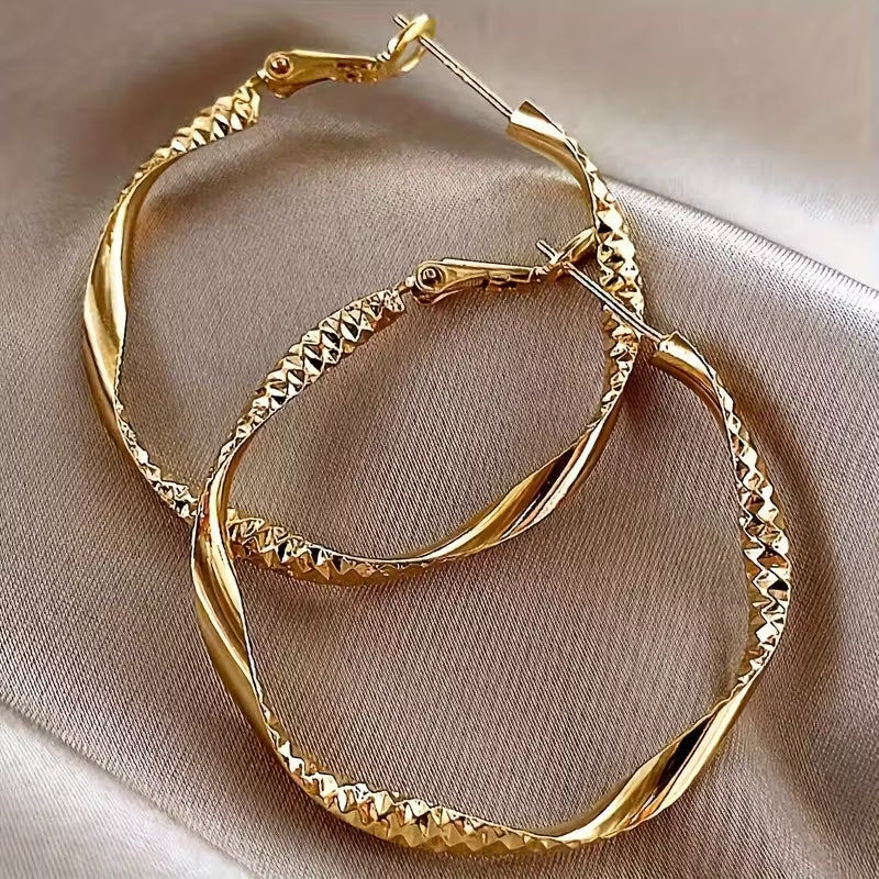 Elegant Textured  Golden Twisted Hoop Earrings.