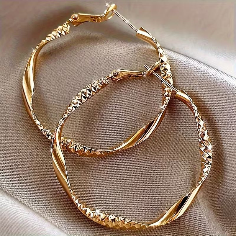 Elegant Textured  Golden Twisted Hoop Earrings.