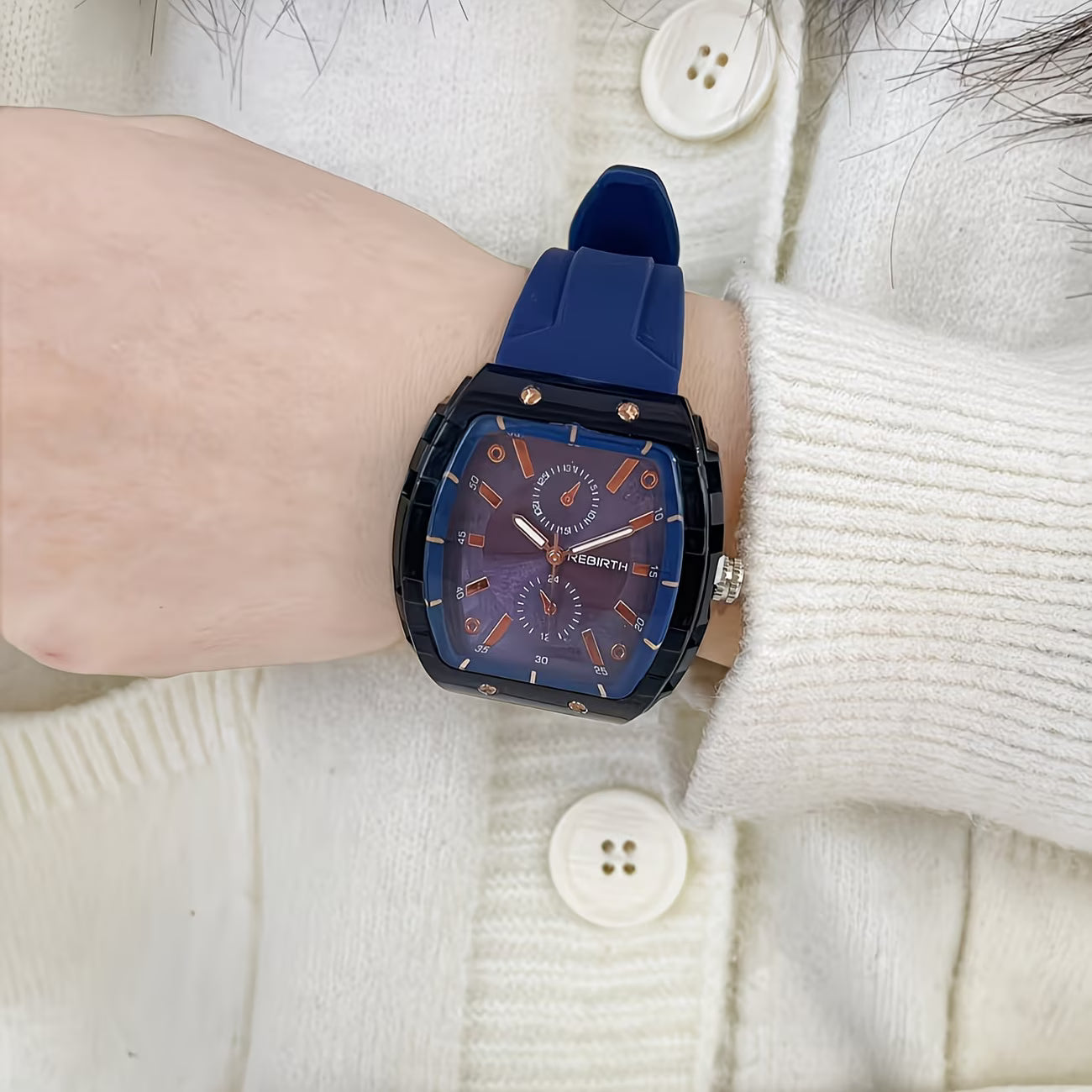 Elegant Tonneau Tortoiseshell Dial Comfort-Flex Silicone Strap Watch.