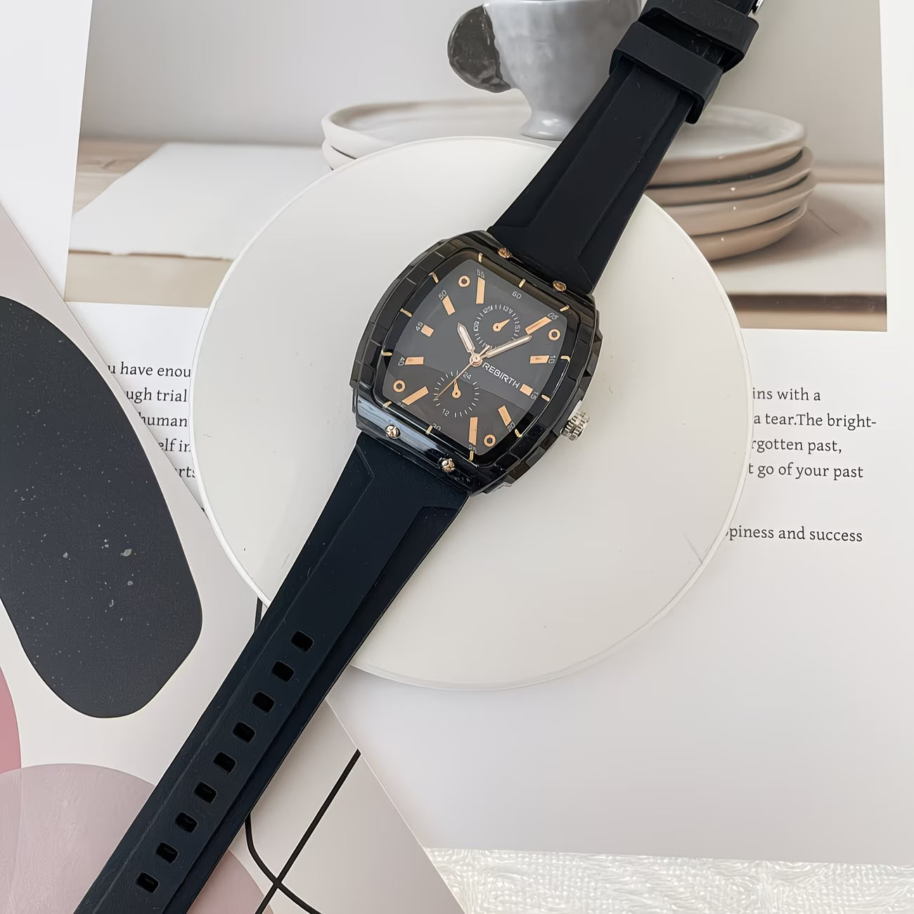 Elegant Tonneau Tortoiseshell Dial Comfort-Flex Silicone Strap Watch.