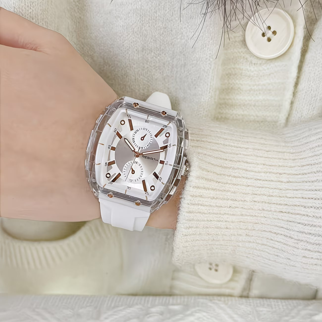 Elegant Tonneau Tortoiseshell Dial Comfort-Flex Silicone Strap Watch.
