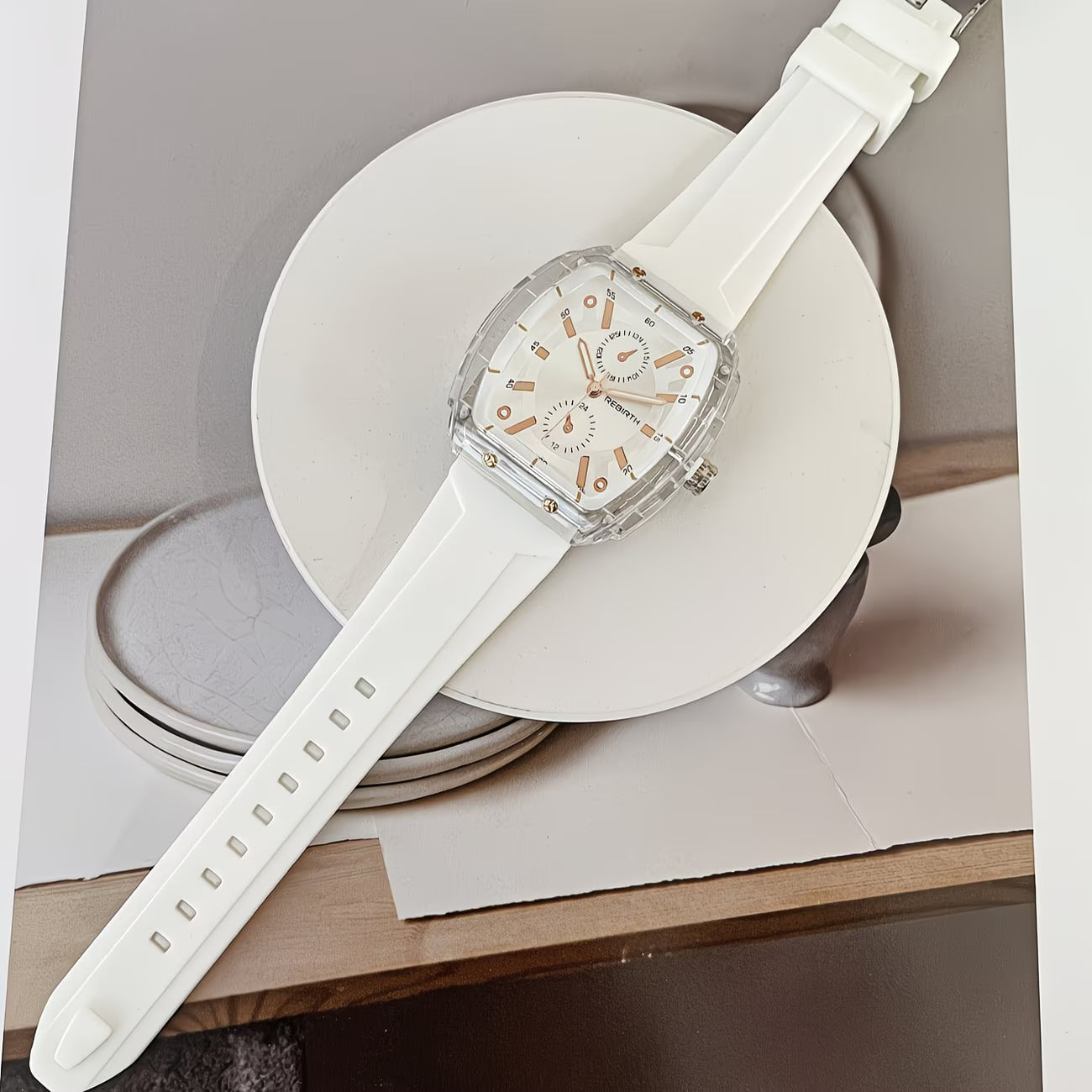 Elegant Tonneau Tortoiseshell Dial Comfort-Flex Silicone Strap Watch.
