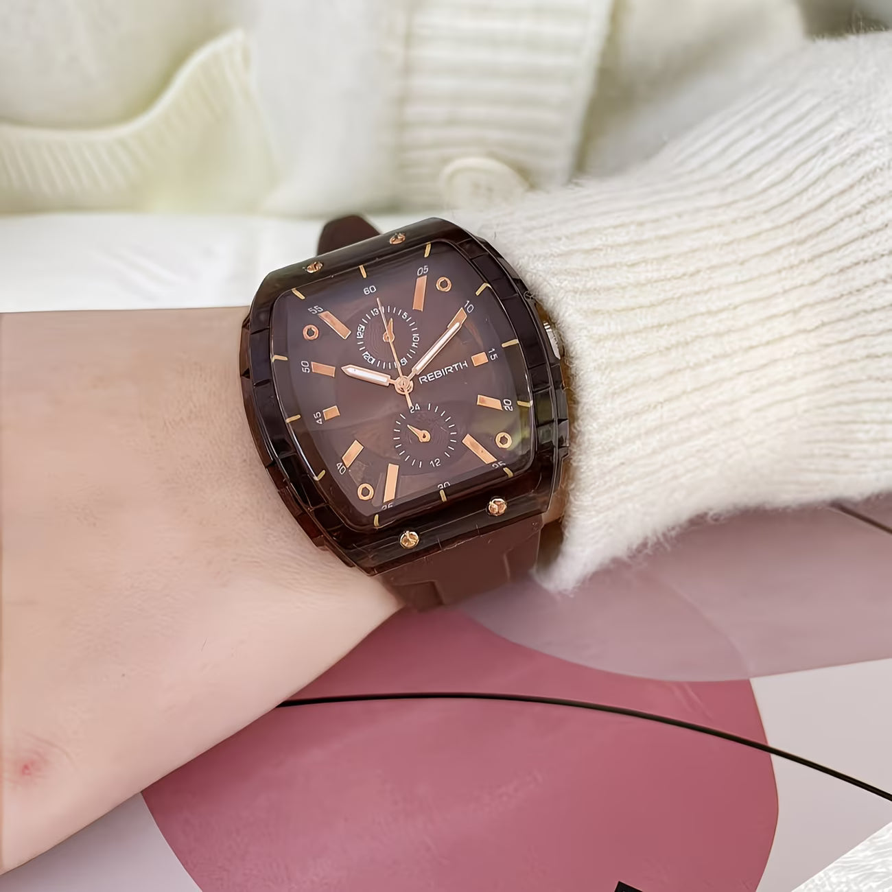 Elegant Tonneau Tortoiseshell Dial Comfort-Flex Silicone Strap Watch.
