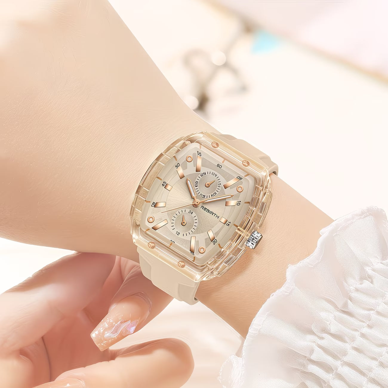 Elegant Tonneau Tortoiseshell Dial Comfort-Flex Silicone Strap Watch.