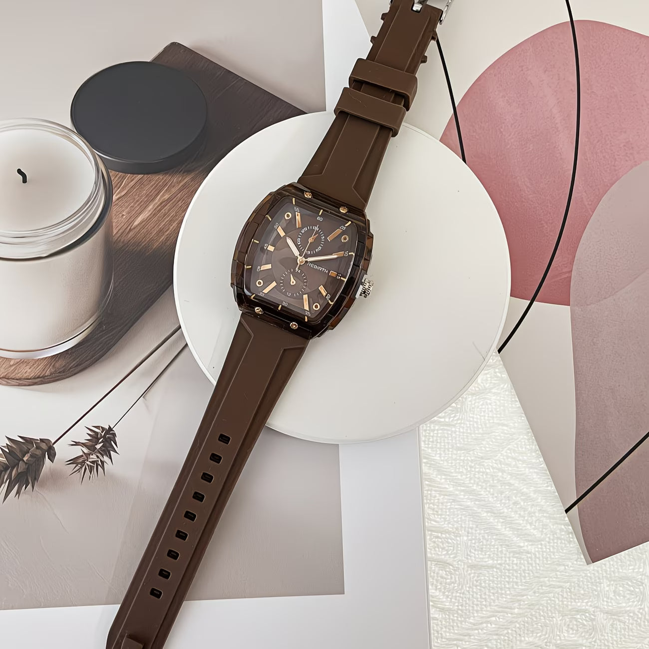 Elegant Tonneau Tortoiseshell Dial Comfort-Flex Silicone Strap Watch.