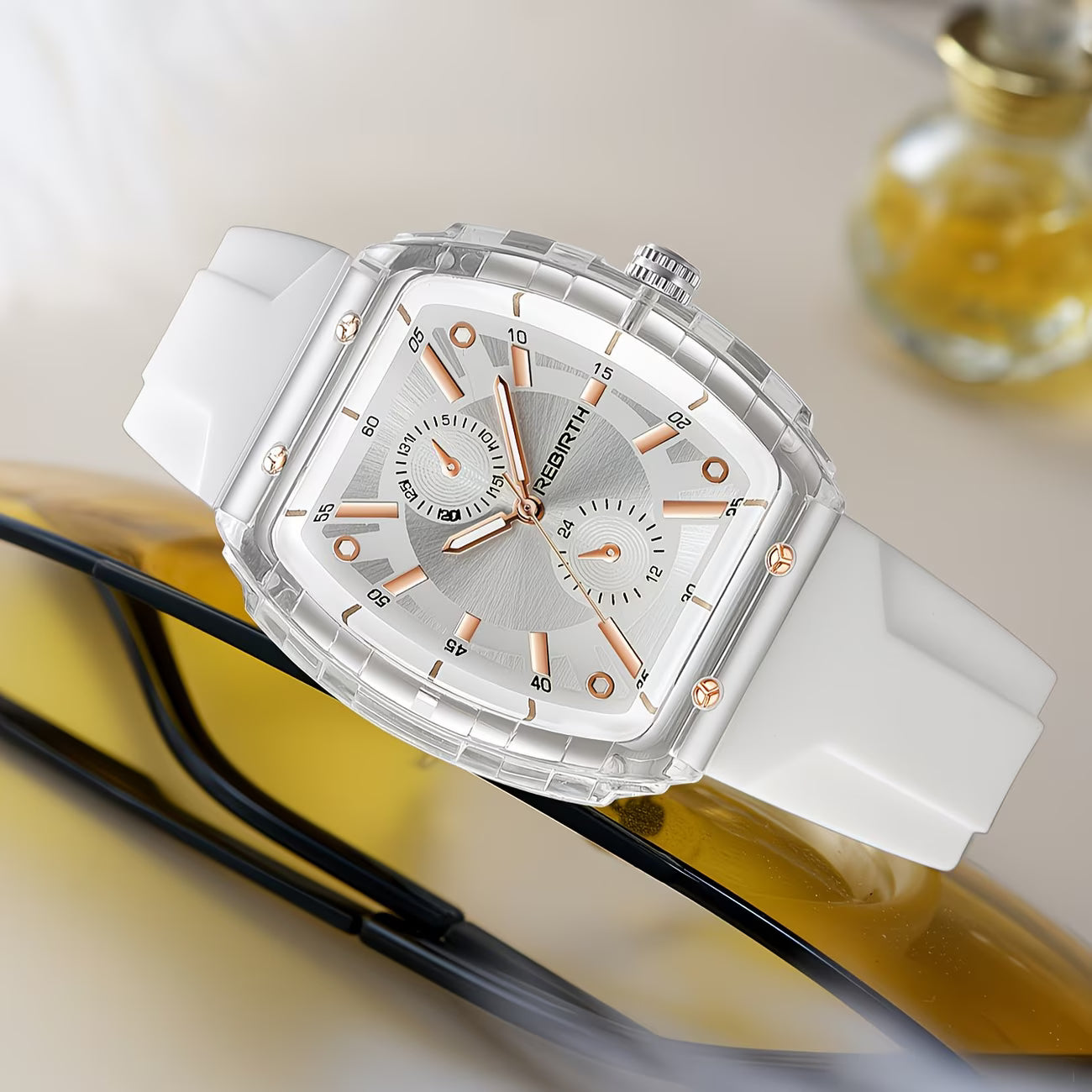 Elegant Tonneau Tortoiseshell Dial Comfort-Flex Silicone Strap Watch.