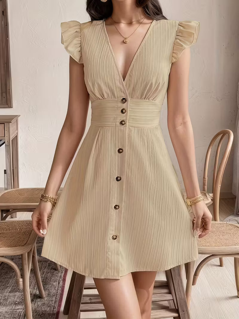 Elegant V-Neck Button-Front Midi.