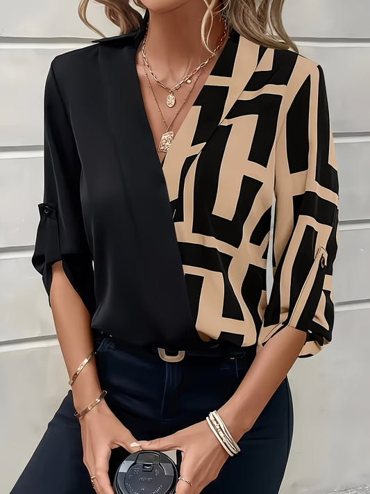 Elegant V-Neck Color Block Shirt.