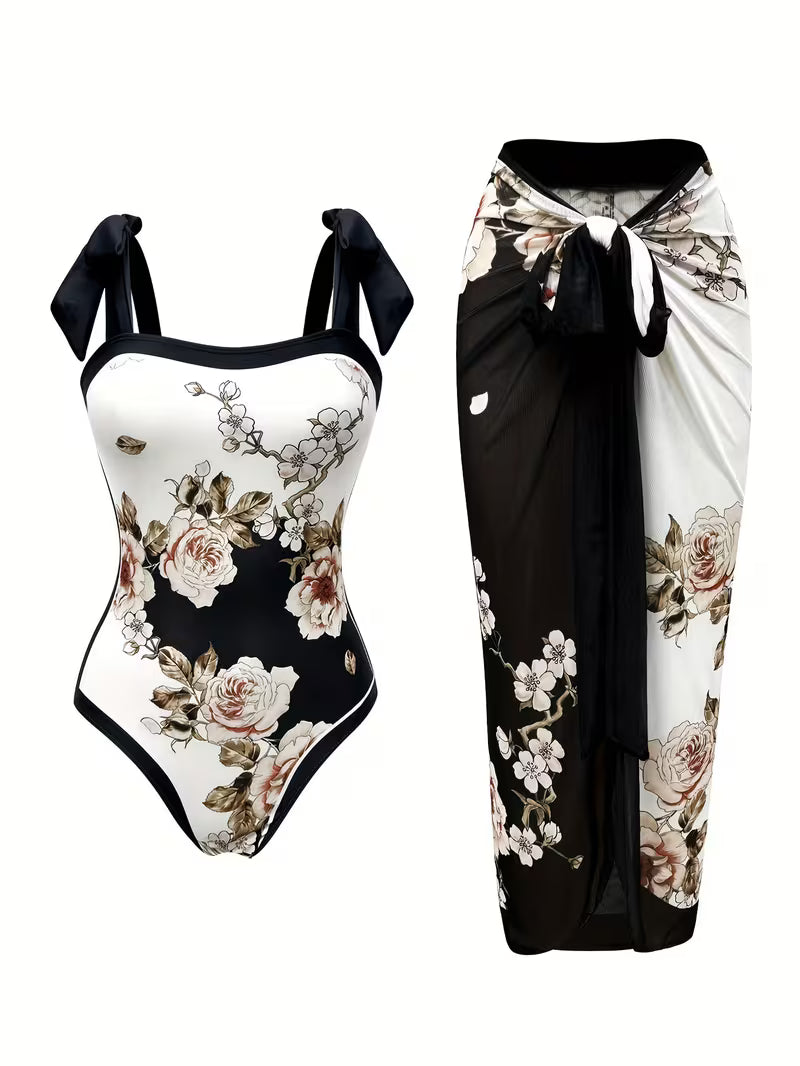 Elegant Floral Print Swimsuit Set.