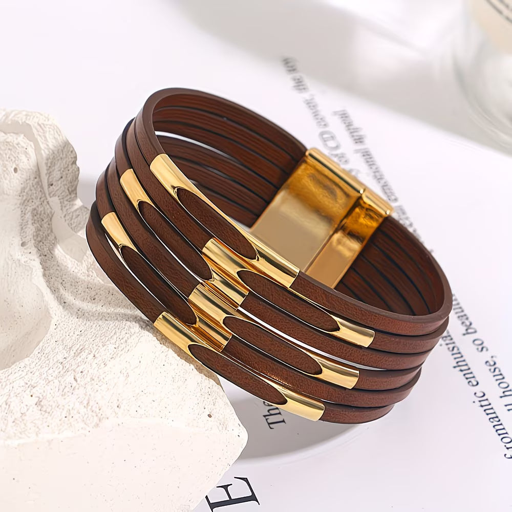 Ethnic Boho Multi-Layer Wrap – Wide Faux Leather Bangle.
