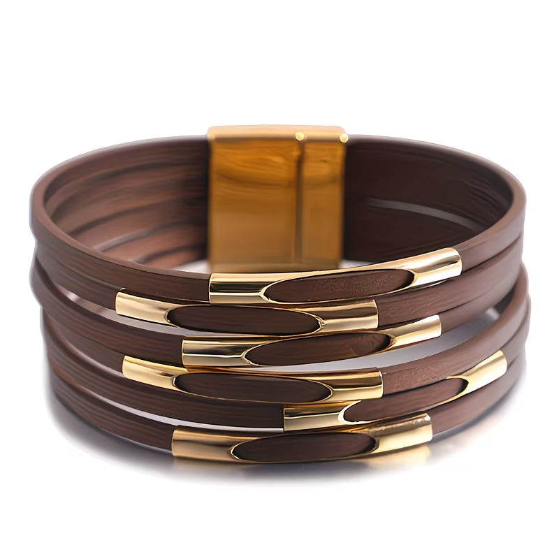 Ethnic Boho Multi-Layer Wrap – Wide Faux Leather Bangle.