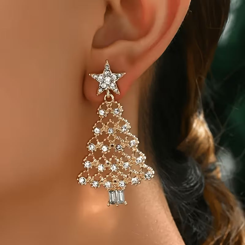 Exquisite Inlay Synthetic Zirconia Christmas Tree Drop Earrings.