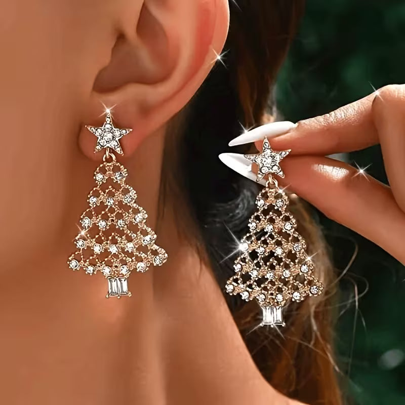 Exquisite Inlay Synthetic Zirconia Christmas Tree Drop Earrings.