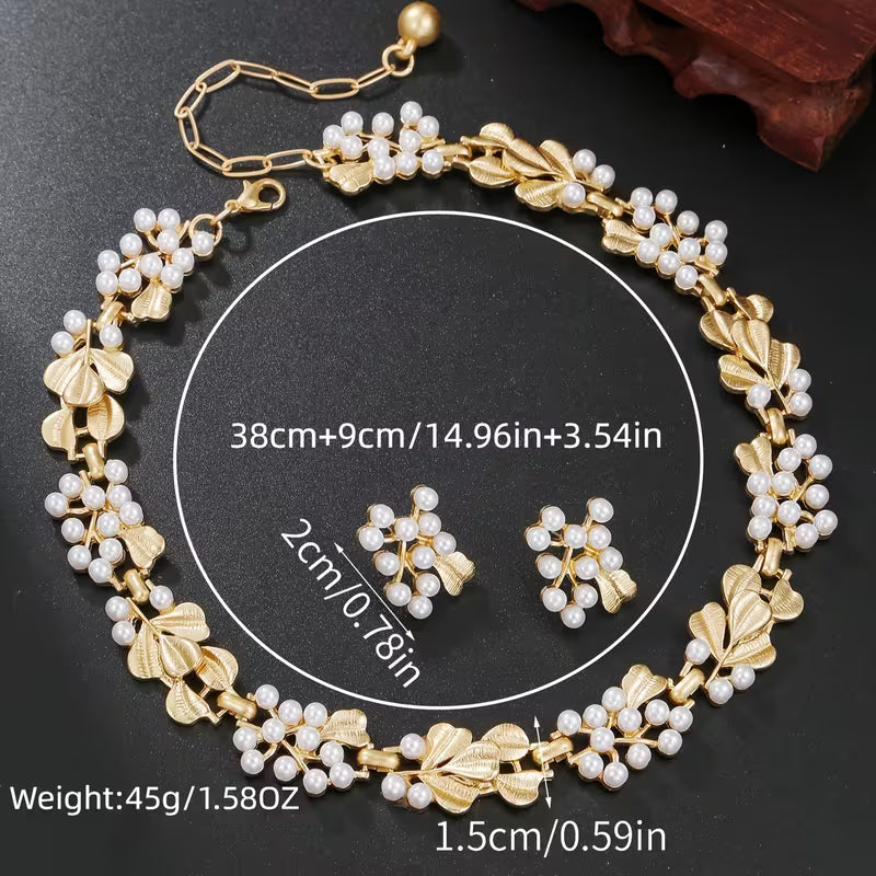Fashion Floral Patterned Faux Pearl Choker Necklace And Earring Set.