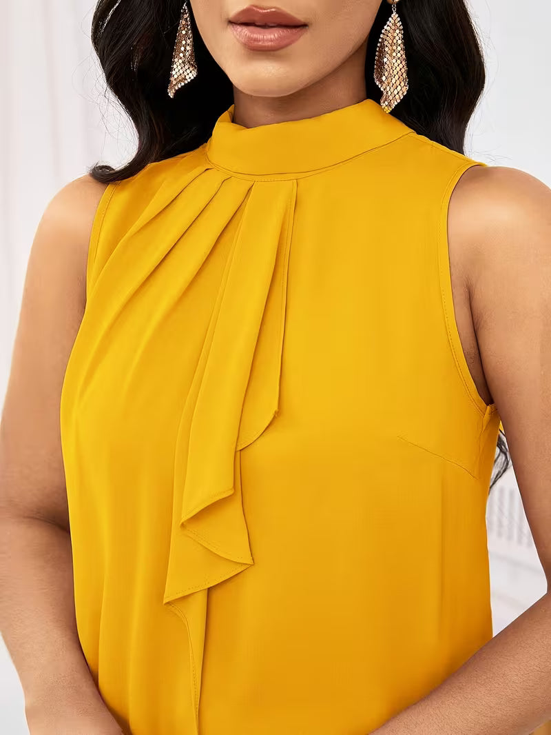 Fashion Solid Color High Neck Sleeveless Tops.