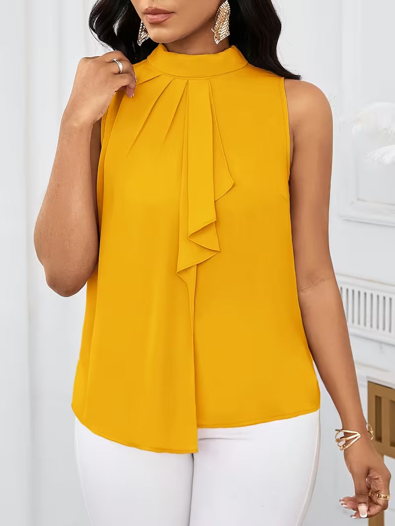 Fashion Solid Color High Neck Sleeveless Tops.