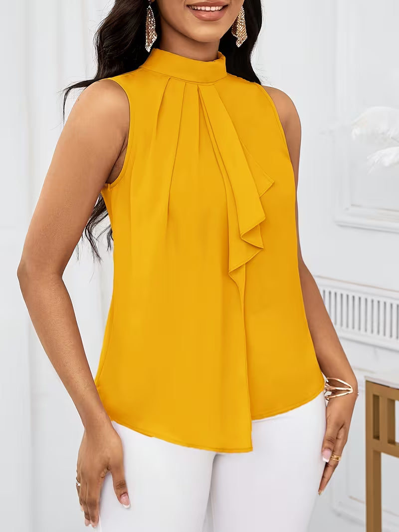 Fashion Solid Color High Neck Sleeveless Tops.