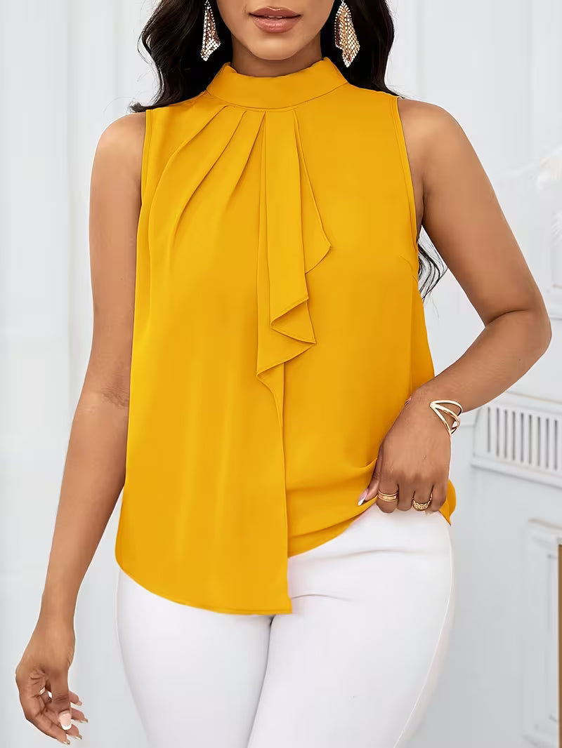 Fashion Solid Color High Neck Sleeveless Tops.