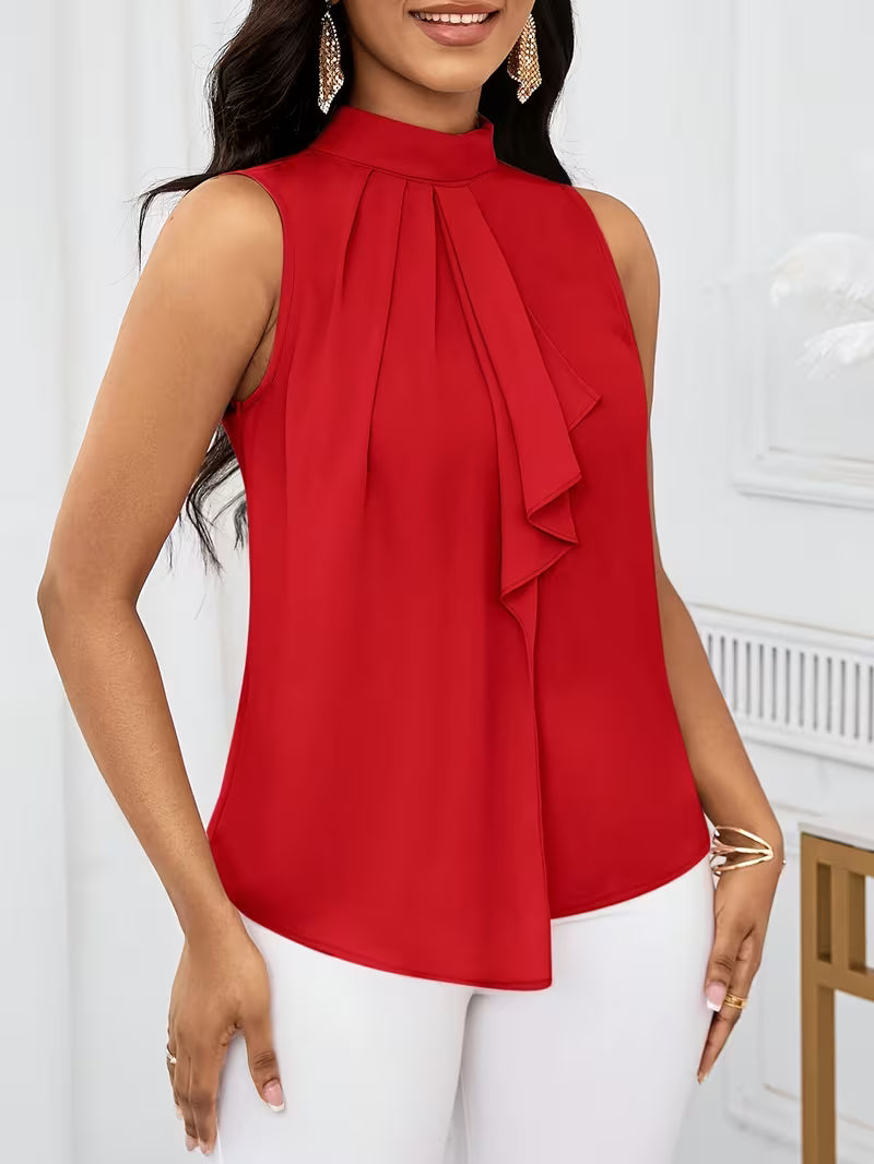 Fashion Solid Color High Neck Sleeveless Tops.