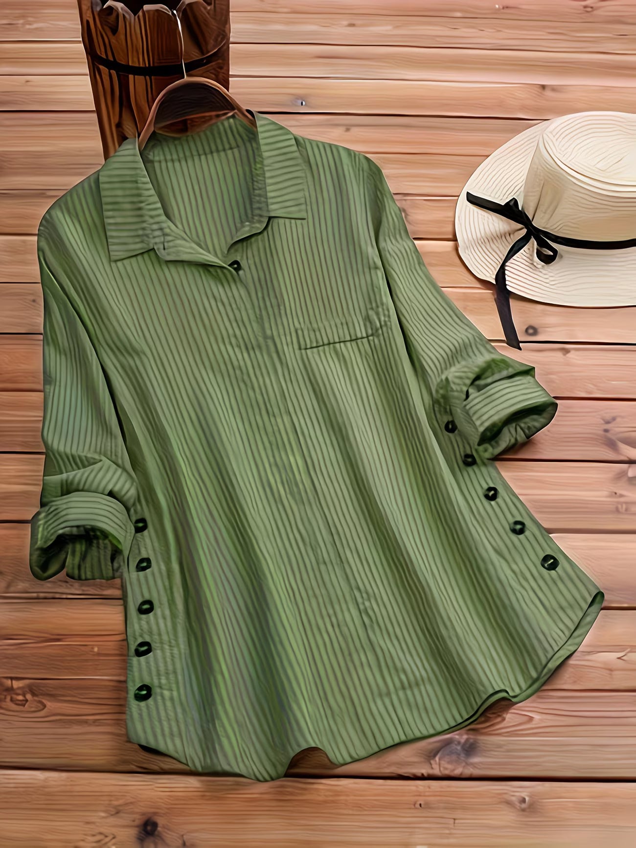 Faux Pocket Striped Long Sleeve Long Shirt Top.