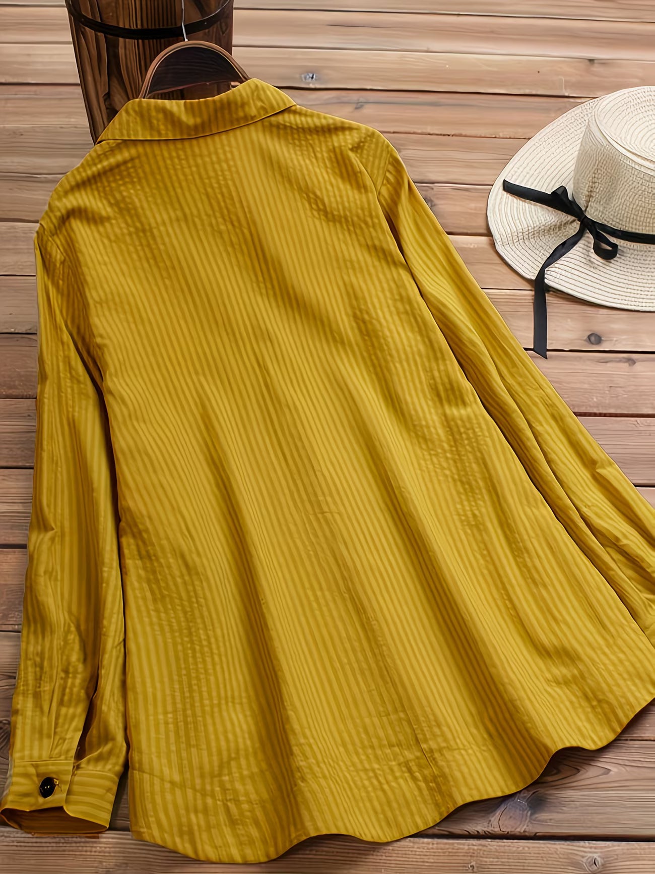 Faux Pocket Striped Long Sleeve Long Shirt Top.
