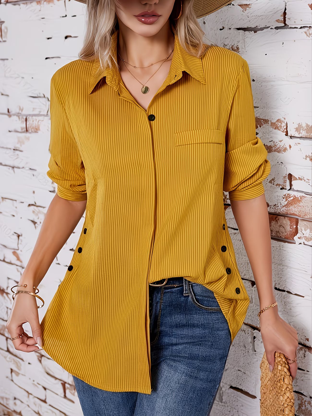 Faux Pocket Striped Long Sleeve Long Shirt Top.