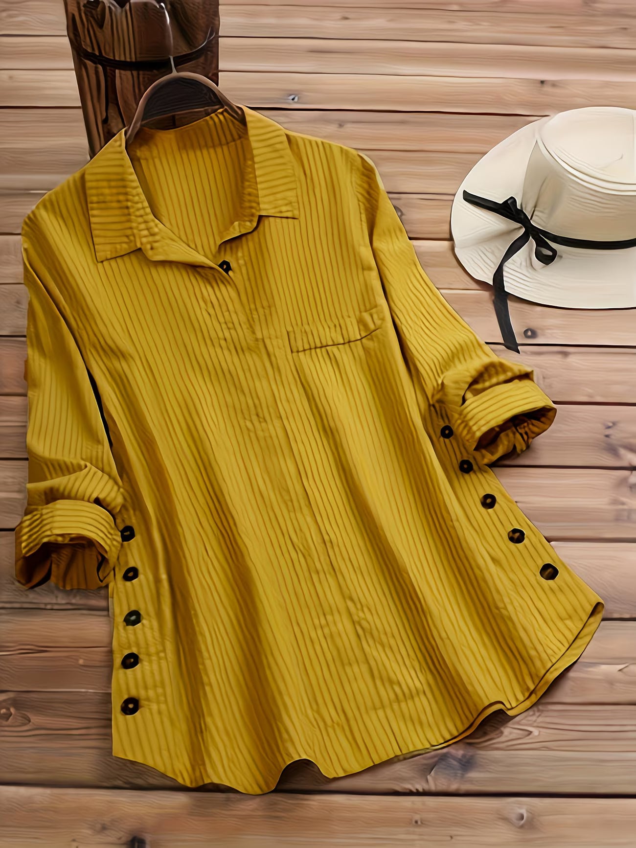 Faux Pocket Striped Long Sleeve Long Shirt Top.