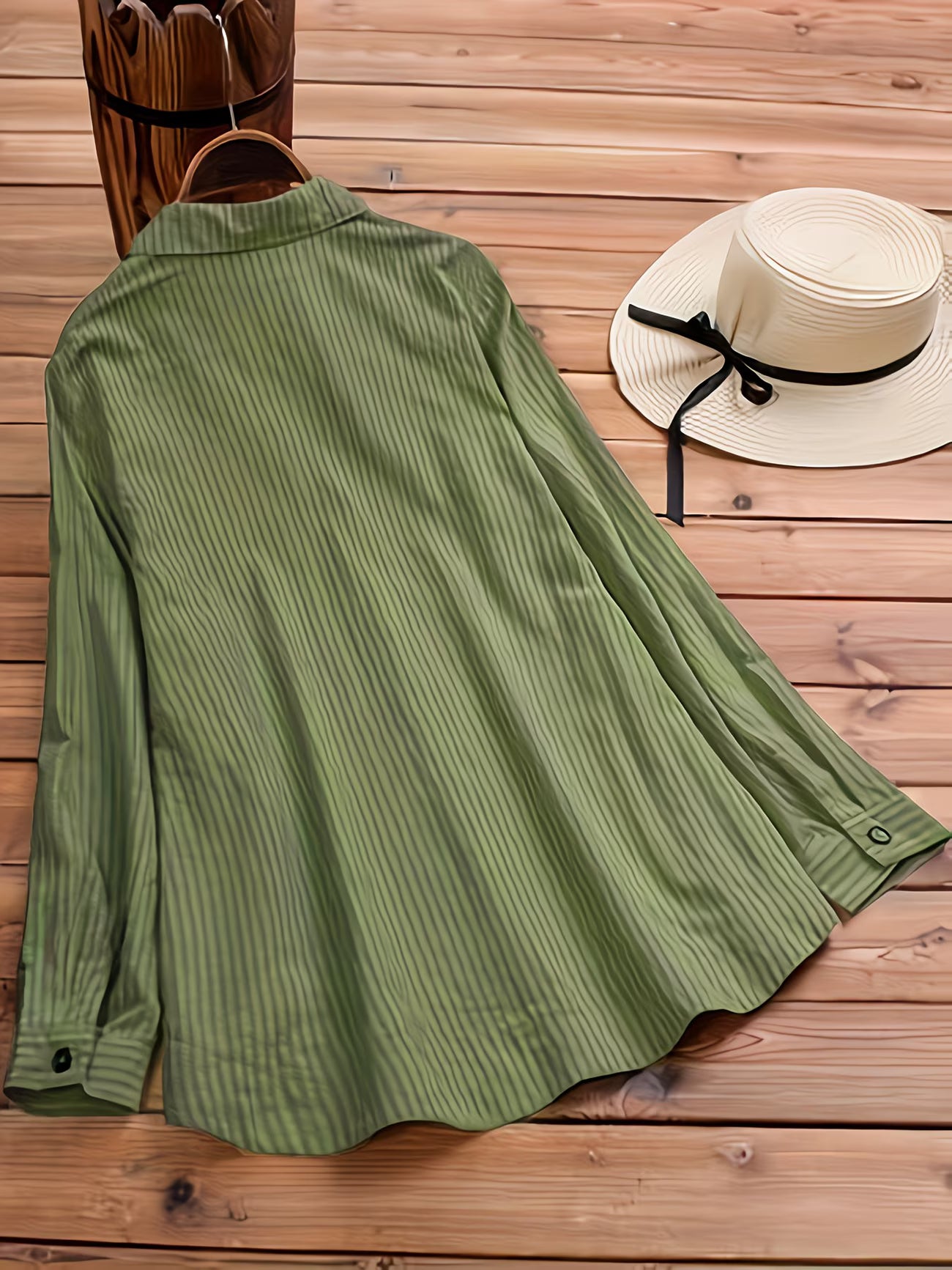 Faux Pocket Striped Long Sleeve Long Shirt Top.