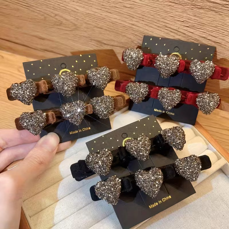 Flocked Heart Side Hair Clip Set.