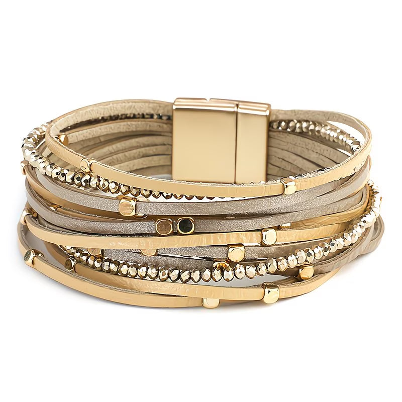 Genuine Leather Multilayer Boho Beaded Charm Bracelet.