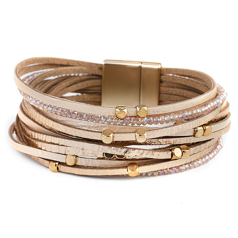Genuine Leather Multilayer Boho Beaded Charm Bracelet.