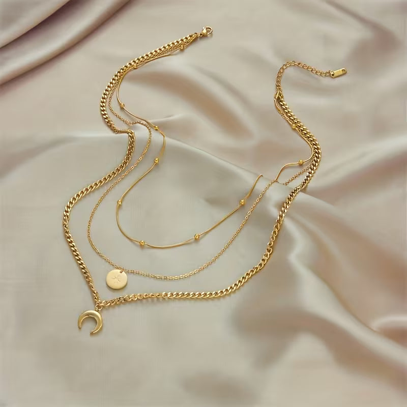Golden 3 Layer Shine Crescent Moon Pendant Necklace.