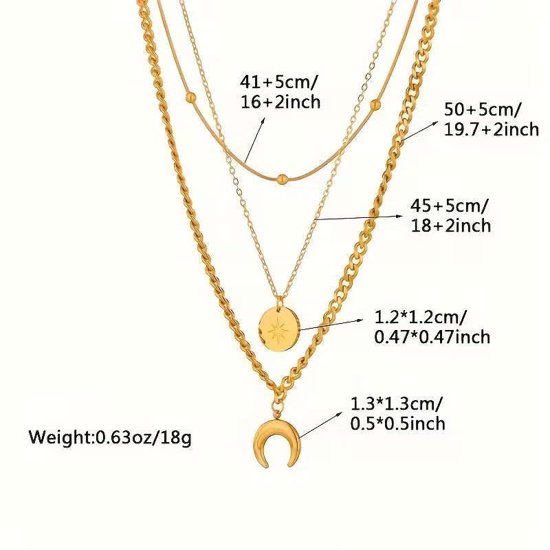 Golden 3 Layer Shine Crescent Moon Pendant Necklace.