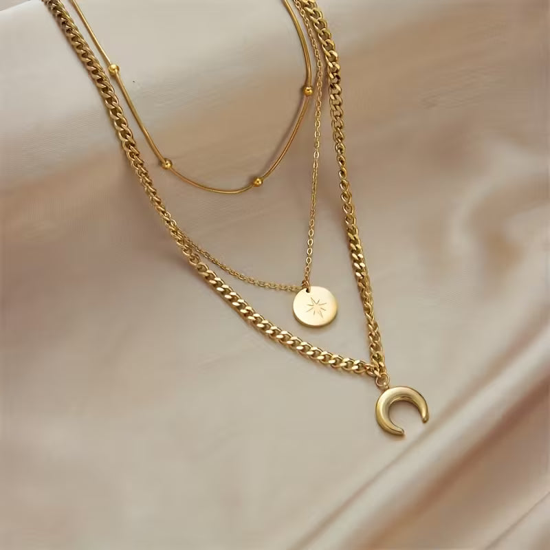 Golden 3 Layer Shine Crescent Moon Pendant Necklace.